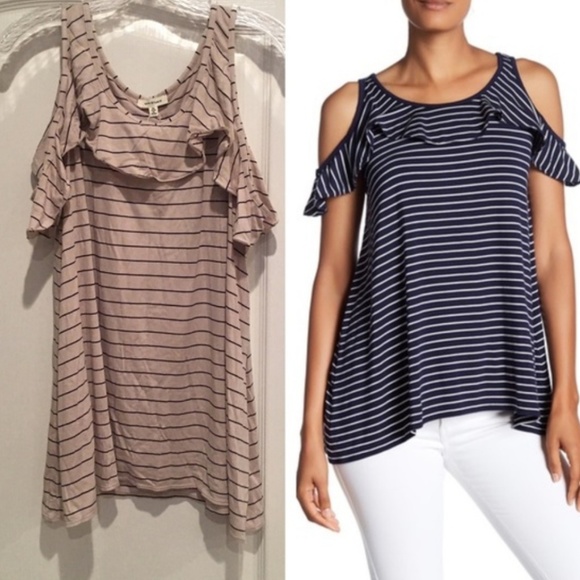 Max Studio Tops - Max Studio Ruffle Cold Shoulder knit top striped L